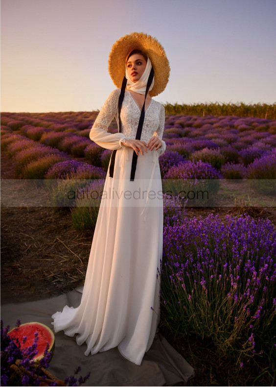 V Neck Ivory Lace Chiffon Garden Wedding Dress